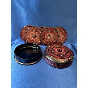 Vintage Burmese Lacquerware Five Coasters Set with Holder